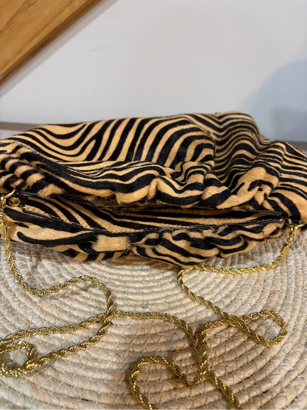 Zebra Print Drawstring Shoulder Bag with Gold Chain - Picture 9 of 10